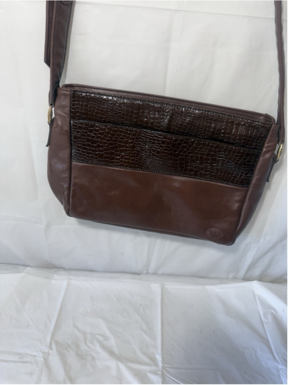 Vintage SAS Brown Leather Crossbody Croc Trim Shoulder Bag